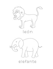 wild animals in spanish language, an elephant and a lion and their names, outline drawing