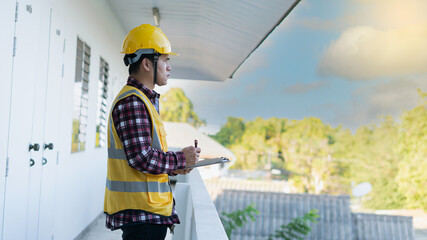The engineer is checking His work, too, was on the building and looked.