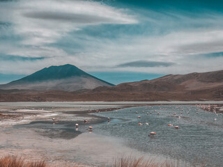 Stunning panoramic view of famous wild Siloli Desert. Beautiful landscape of spectacular Bolivian Andes and the Altiplano along the scenic road between Salar de Uyuni and Laguna Colorada, in Bolivia