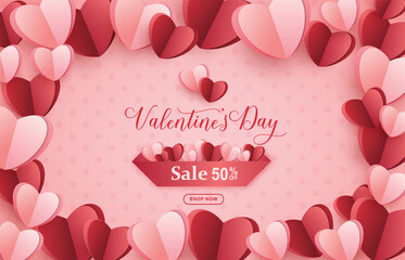 Valentines Day Sale Banner Or Poster Design with paper hearts for love