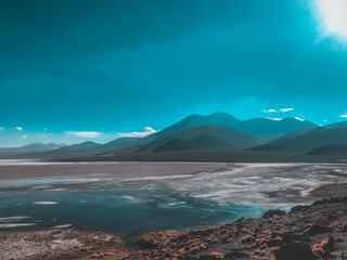 Stunning panoramic view of famous wild Siloli Desert. Beautiful landscape of spectacular Bolivian Andes and the Altiplano along the scenic road between Salar de Uyuni and Laguna Colorada, in Bolivia