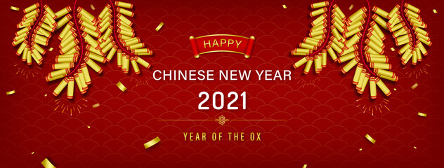 Happy Chinese new year 2021 year of the ox on red oriental wave pattern banner background with golden firecrackers and confetti