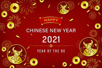 Happy Chinese new year 2021 year of ox text on red oriental wave pattern background