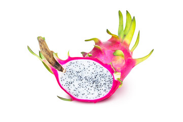 Slice of Ripe Dragon fruit isolated on white background. Clipping path.
