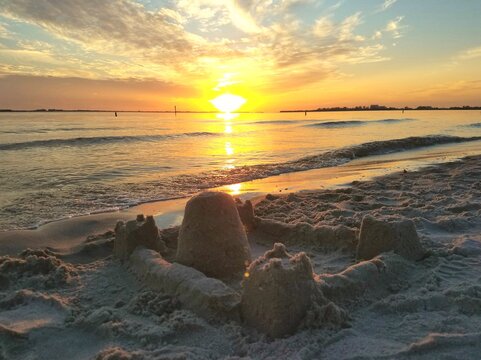 Sand Castle By The Beautiful Sunset Near Cape Coral, Florida, U.S