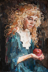 The blond-haired woman with apple in her arm. The background is created in various shades of brown and black. Oil painting on canvas.