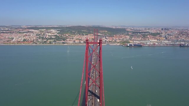 drone image of bridge 25 de abril in Lisbon Portugal, Almada view of the Capital.  top view 