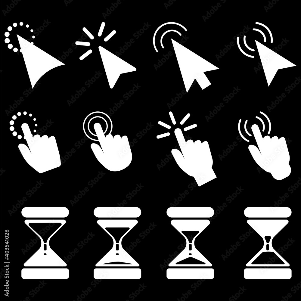 Aufkleber set of white cursors on a black background. internet technology. cursor sign. arrow set. stock illus