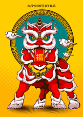 lion dance, Happy Chinese new year, Translation on picture text 
