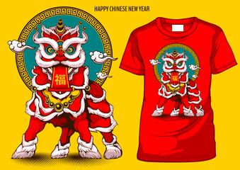 graphic t-shirt lion dance, Happy Chinese new year, Translation on picture text 