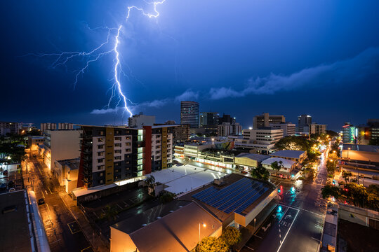 Lightning strike in Darwin city during a wet season storm. Northern Territory, Australia.