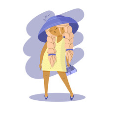 Fashionable girl with braids in a yellow dress and lilac hat with a handbag. Vector illustration.