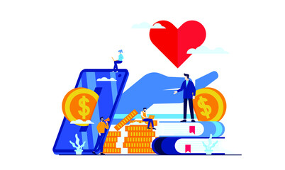 online donation charity with smart phone smart app  with big heart and big hands flat illustration design