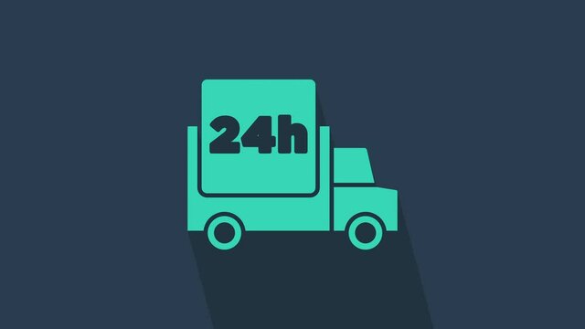 Turquoise Fast round the clock delivery by car icon isolated on blue background. 4K Video motion graphic animation.