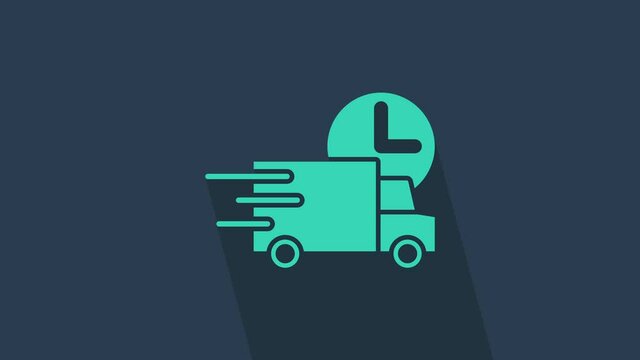 Turquoise Fast round the clock delivery by car icon isolated on blue background. 4K Video motion graphic animation.