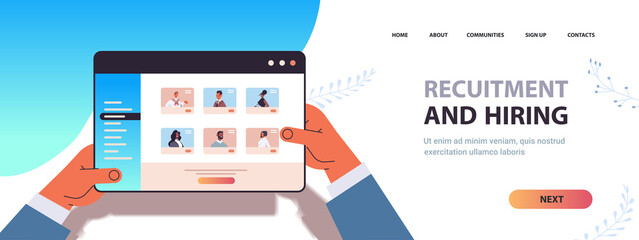 hr manager hands choosing candidate for hiring in job staff recruitment human resource online job search concept horizontal copy space vector illustration