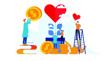HEART FLOWERING DONATION TREE WITH MINI PEOPLE FLAT ILLUSTRATION DESIGN