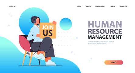woman hr manager holding we are hiring join us poster vacancy open recruitment human resources concept full length copy space horizontal vector illustration