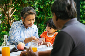 Grandparents and grandson learn how use smartphone together at yard.