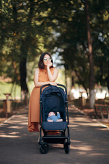 Tired Bored Mother Walking Newborn in Baby Stroller