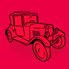 Retro car sketch on red background. Vintage vector illustration.