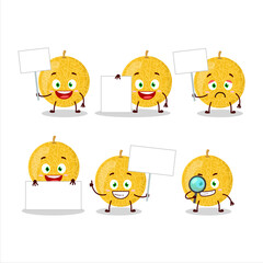 Yellow melon cartoon character bring information board