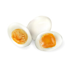 A whole egg, soft and medium boiled halves of eggs.