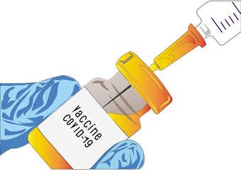 The illustration illustrates the process of taking the Covid 19 vaccine using a syringe from a bottle. 