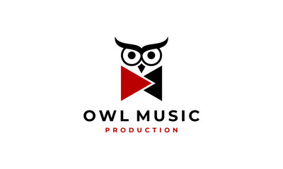 owl head face music play button animal bird production logo design template