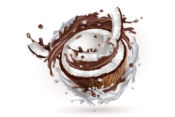 Sliced coconut in a milky and chocolate splash.
