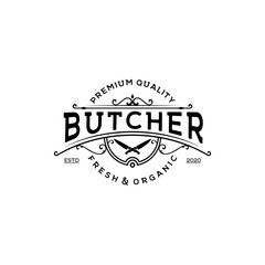 Vintage Retro Butcher Shop Label Logo Design with Crossed Knife