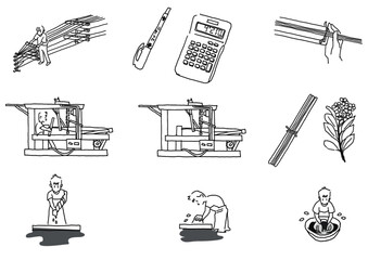 奄美大島紬の工程イラスト　糊張りから泥染めまで