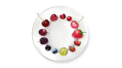 Still life of berries arranged in a circle on a white plate.