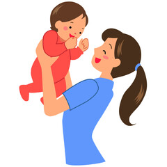 赤ちゃんを抱きあげる若い母親