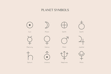Planet Symbol Icons in Minimal Trendy Liner style. Vector astrological sign: Sun, Moon, Earth, Mercury, Venus, Mars, Jupiter, Saturn, Uranus, Neptune, Pluto for logo tattoo calendar horoscope © Sini4ka