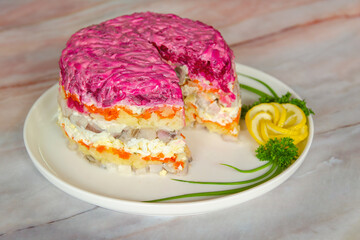 Salad “Herring under a fur coat” This salad is popular in Russia and Ukraine.	
