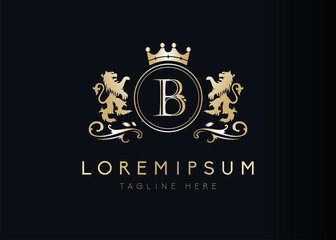Naklejka premium Heraldic lion initial letter B logo design. illustration of luxury royal B letter with floral, crown and lion emblem design. Sign symbol icon template