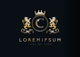 Heraldic lion initial letter C logo design. Vector illustration of luxury royal C letter with floral, crown and lion emblem design. Sign symbol icon template