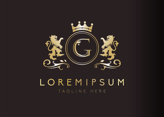 Heraldic lion initial letter G logo design. Vector illustration of luxury royal G letter with floral, crown and lion emblem design. Sign symbol icon template