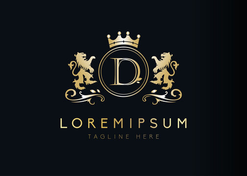 Heraldic lion initial letter D logo design. Vector illustration of luxury royal D letter with floral, crown and lion emblem design. Sign symbol icon template