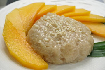Close up of Sticky Rice from Thai dessert (Mango Sticky Rice) for macro photography