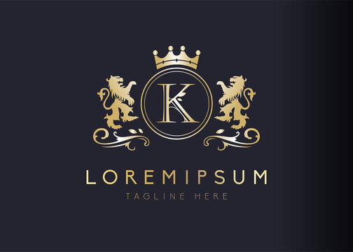 Heraldic lion initial letter K logo design. Vector illustration of luxury royal K letter with floral, crown and lion emblem design. Sign symbol icon template