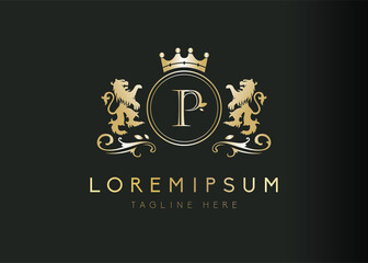 Heraldic lion initial letter P logo design. Vector illustration of luxury royal P letter with floral, crown and lion emblem design. Sign symbol icon template