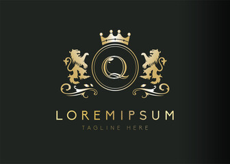 Heraldic lion initial letter Q logo design. Vector illustration of luxury royal Q letter with floral, crown and lion emblem design. Sign symbol icon template