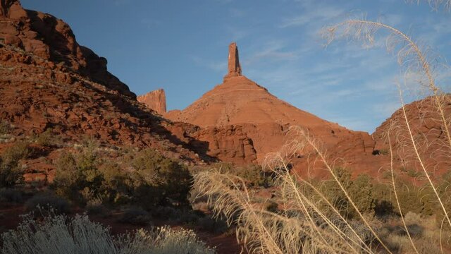 Sandstone rock formation in Castle Valley near Moab, Utah with iconic Castleton Tower, winter scenery with some snow. The Tower is world-renowned as a subject for photography and for its classic rock 