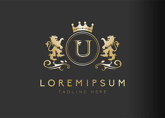 Heraldic lion initial letter U logo design. Vector illustration of luxury royal U letter with floral, crown and lion emblem design. Sign symbol icon template