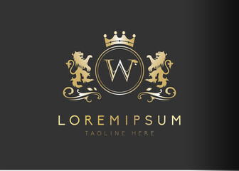 Heraldic lion initial letter W logo design. Vector illustration of luxury royal W letter with floral, crown and lion emblem design. Sign symbol icon template