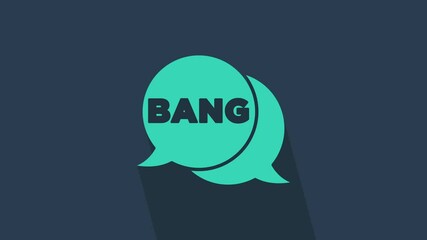 Turquoise Bang boom, gun Comic text speech bubble balloon icon isolated on blue background. 4K Video motion graphic animation. - Powered by Adobe