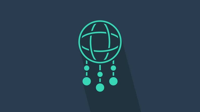 Turquoise Dream catcher with feathers icon isolated on blue background. 4K Video motion graphic animation.
