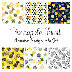 Pineapple full , slices, and flowers, flat design illustration, over dark blue background seamless pattern.